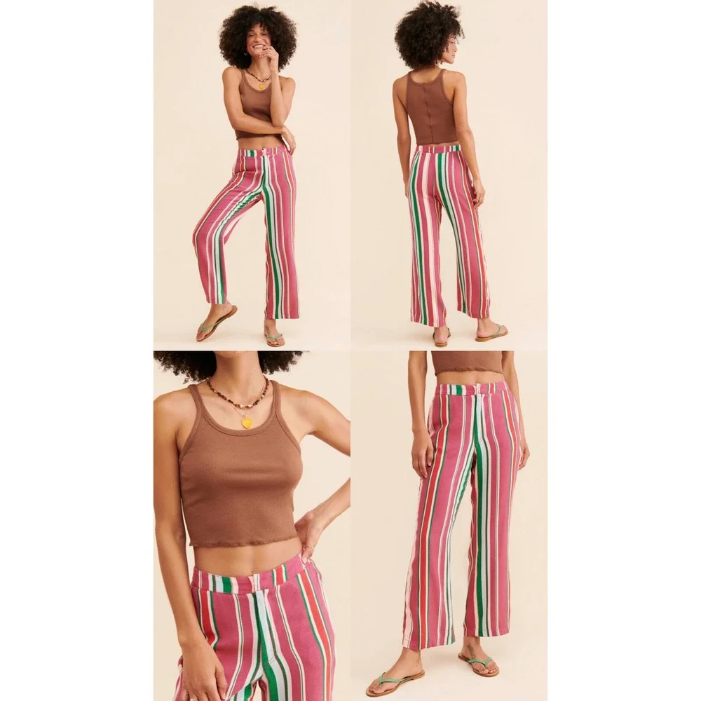 Free People Striped Wide Leg High Rise Pants Pink Green Multi OB1458351 Size 6